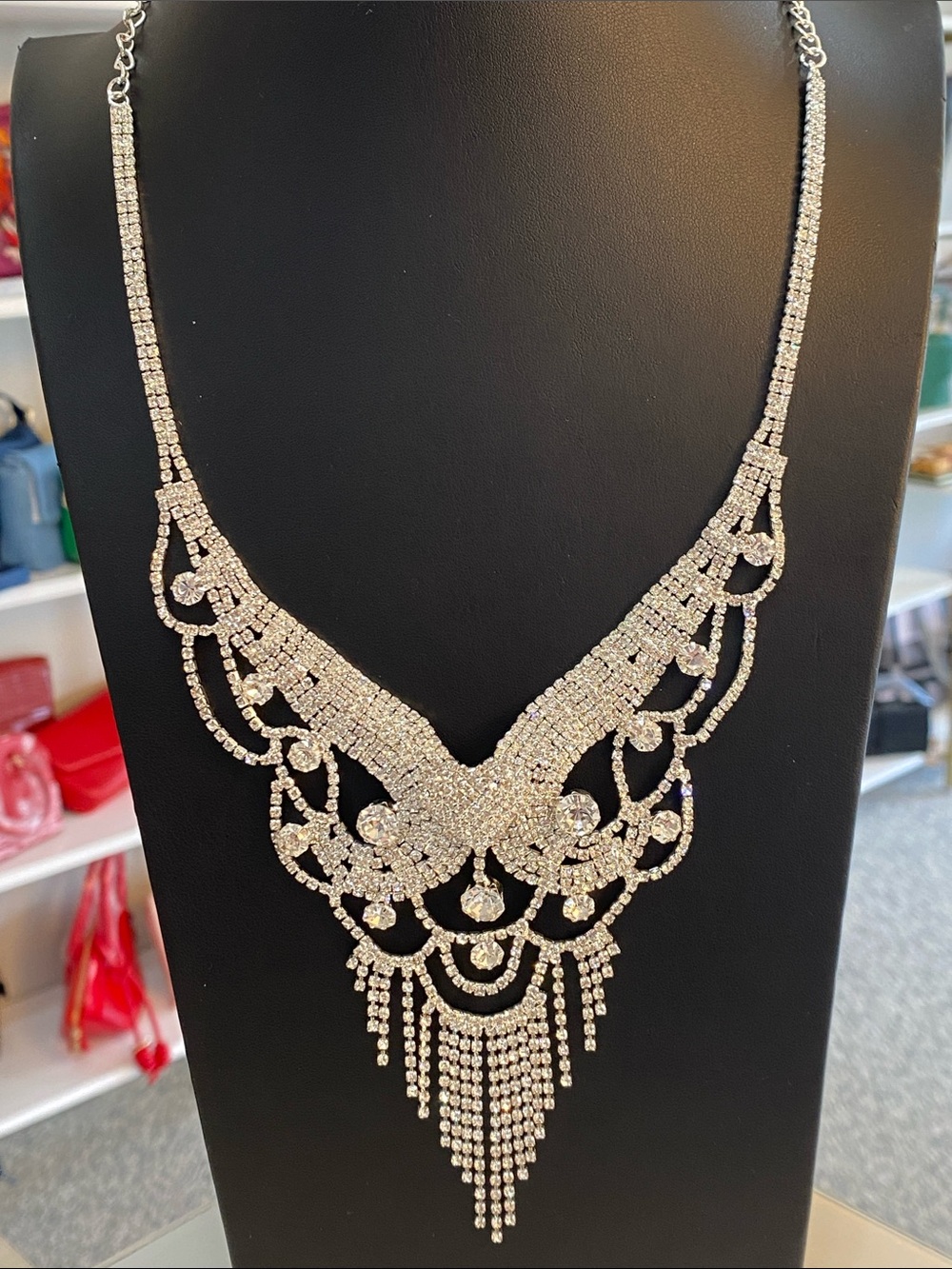 Crystal Statement Bib Necklace - Silver Tone - Picture 6 of 8